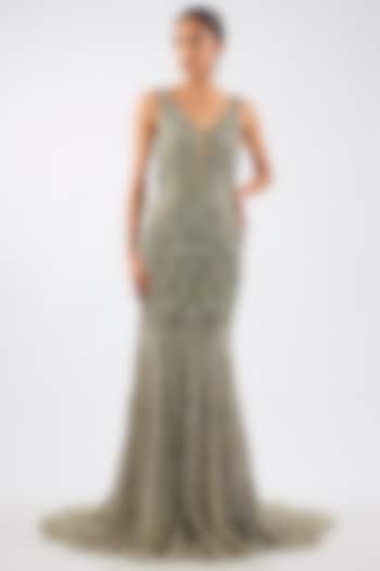 Pale Green Shimmer Tulle Embellished Bridal Gown by Dolly J at Pernia's Pop Up Shop