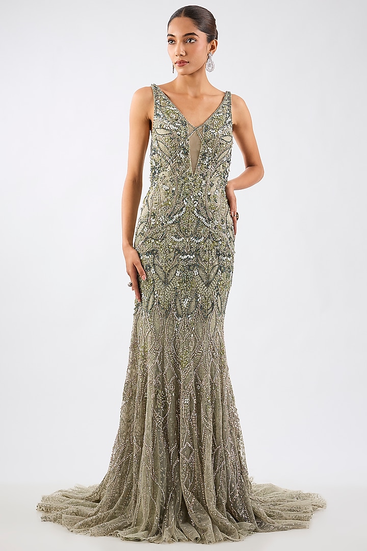 Pale Green Shimmer Tulle Embellished Bridal Gown by Dolly J at Pernia's Pop Up Shop