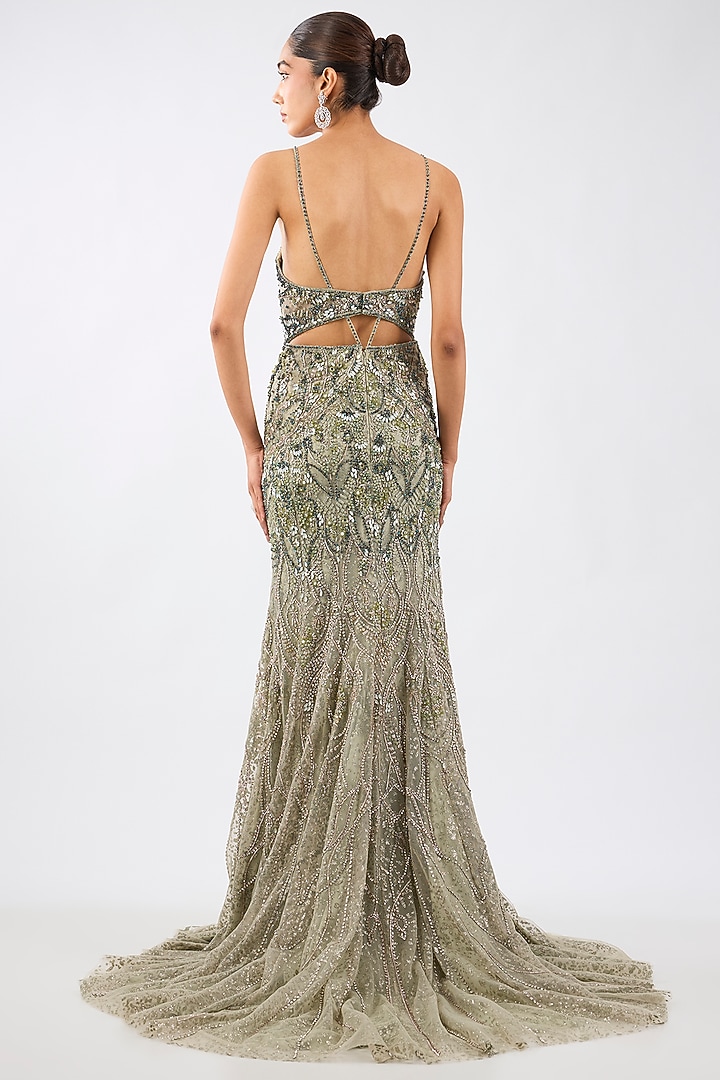 Mint Green Shimmer Tulle Crystal Hand Embellished Bridal Gown by Dolly J at Pernia's Pop Up Shop