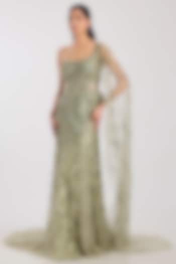 Pale Green Tulle & Net Crystal Hand Embroidered One-Shoulder Bridal Gown by Dolly J at Pernia's Pop Up Shop