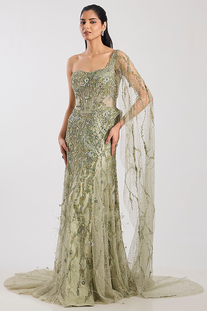 Pale Green Tulle & Net Crystal Hand Embroidered One-Shoulder Bridal Gown by Dolly J at Pernia's Pop Up Shop