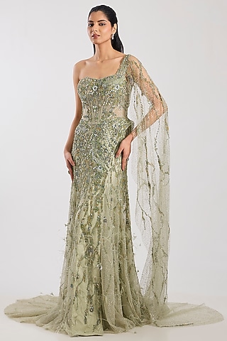 Pale Green Tulle & Net Crystal Hand Embroidered One-Shoulder Gown by Dolly J
