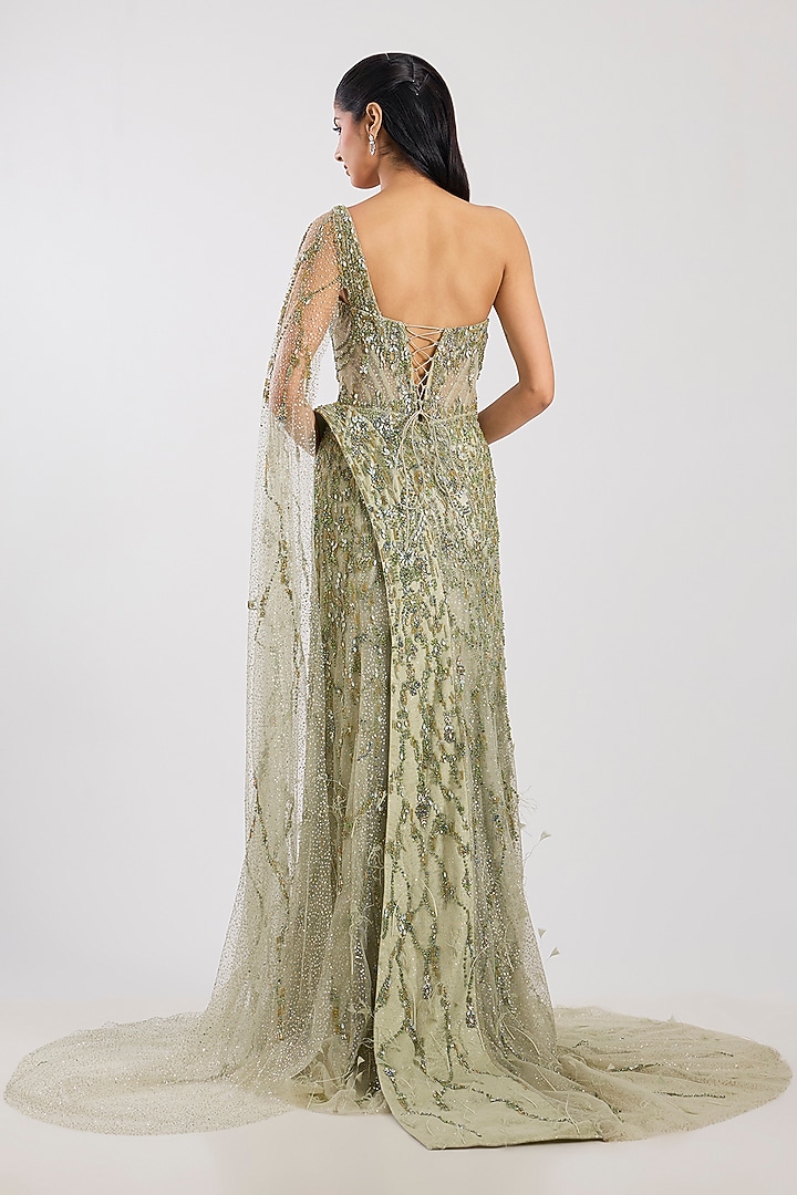 Pale Green Tulle & Net Crystal Hand Embroidered One-Shoulder Bridal Gown by Dolly J at Pernia's Pop Up Shop