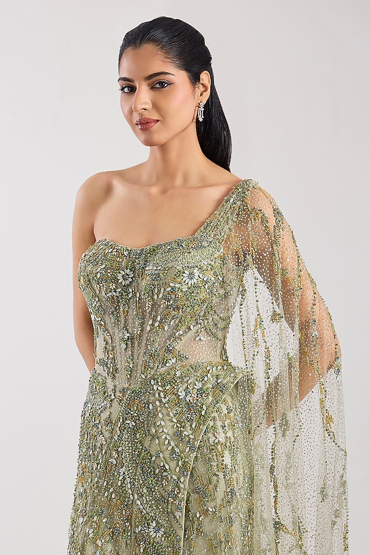 Pale Green Tulle & Net Crystal Hand Embroidered One-Shoulder Bridal Gown by Dolly J at Pernia's Pop Up Shop