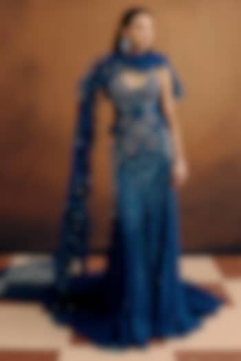 Deep Teal Tulle Hand Embroidered Bridal Gown by Dolly J at Pernia's Pop Up Shop