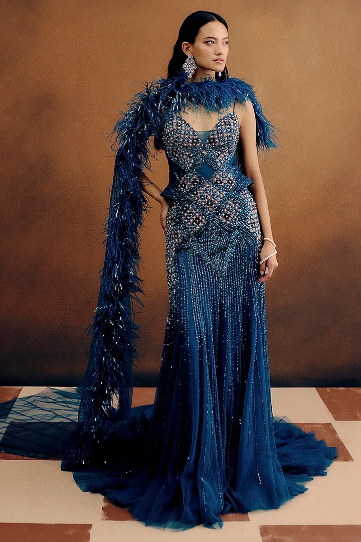 Deep Teal Tulle Hand Embroidered Bridal Gown by Dolly J at Pernia's Pop Up Shop