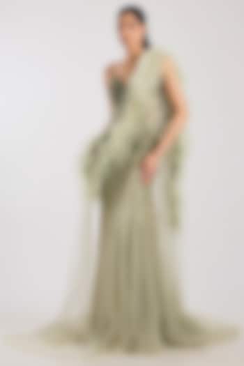 Pale Green Tulle Crystal Hand Embroidered Bridal Gown With Drape by Dolly J at Pernia's Pop Up Shop