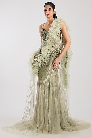 Pale Green Tulle Crystal Hand Embroidered Gown With Drape by Dolly J