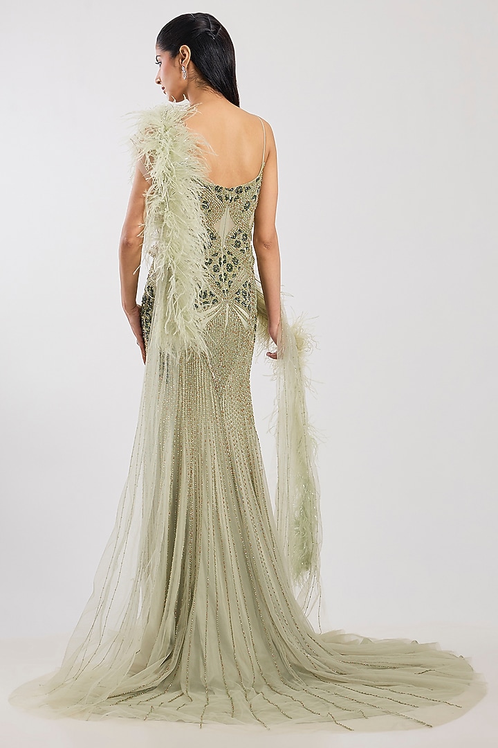 Pale Green Tulle Crystal Hand Embroidered Bridal Gown With Drape by Dolly J at Pernia's Pop Up Shop