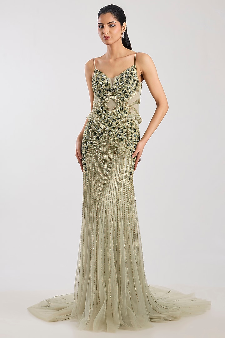 Pale Green Tulle Crystal Hand Embroidered Bridal Gown With Drape by Dolly J at Pernia's Pop Up Shop