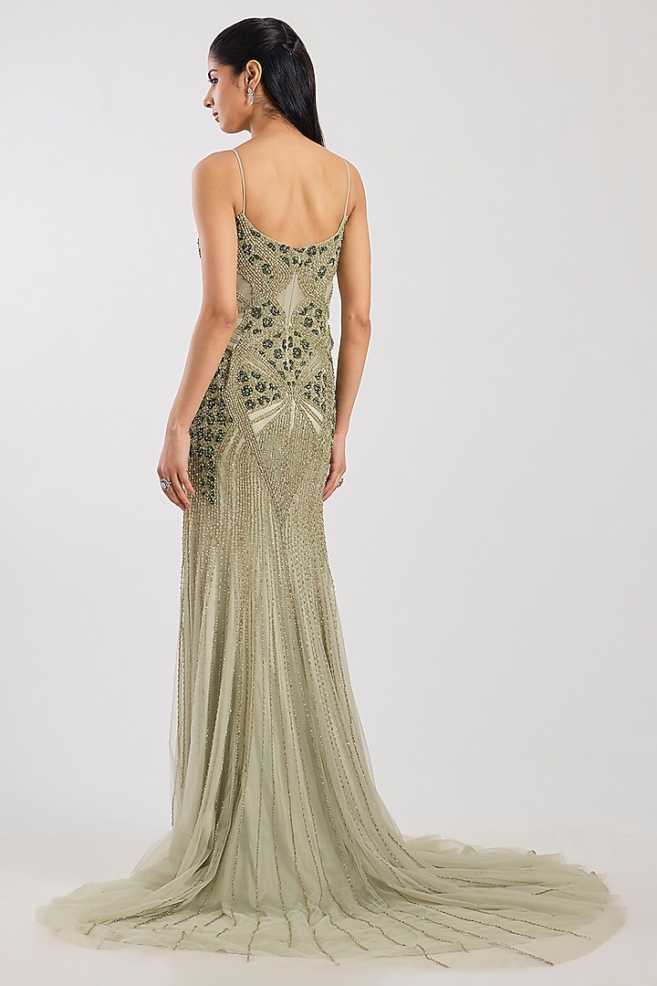 Pale Green Tulle Crystal Hand Embroidered Bridal Gown With Drape by Dolly J at Pernia's Pop Up Shop