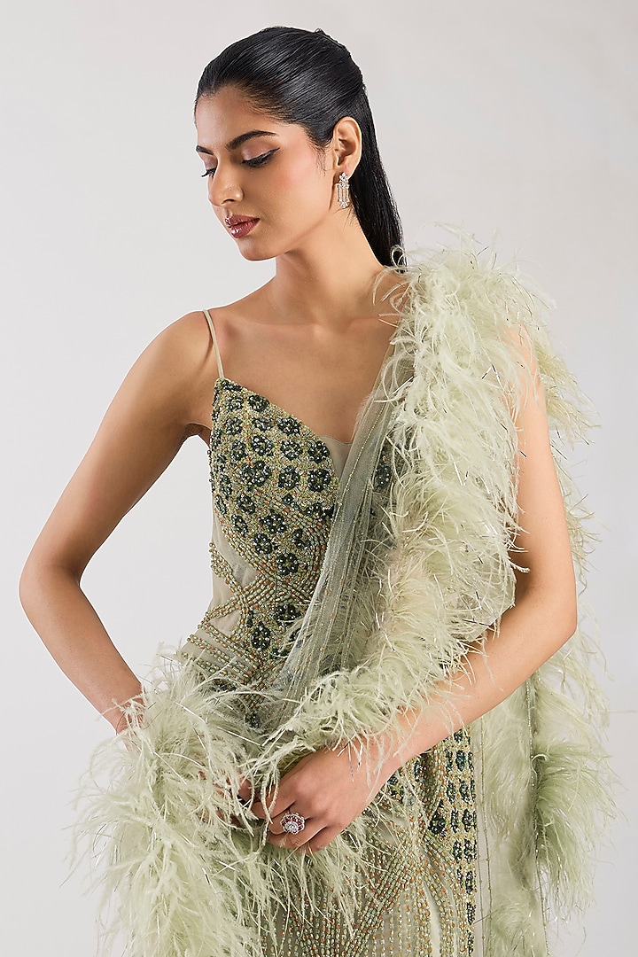 Pale Green Tulle Crystal Hand Embroidered Bridal Gown With Drape by Dolly J at Pernia's Pop Up Shop