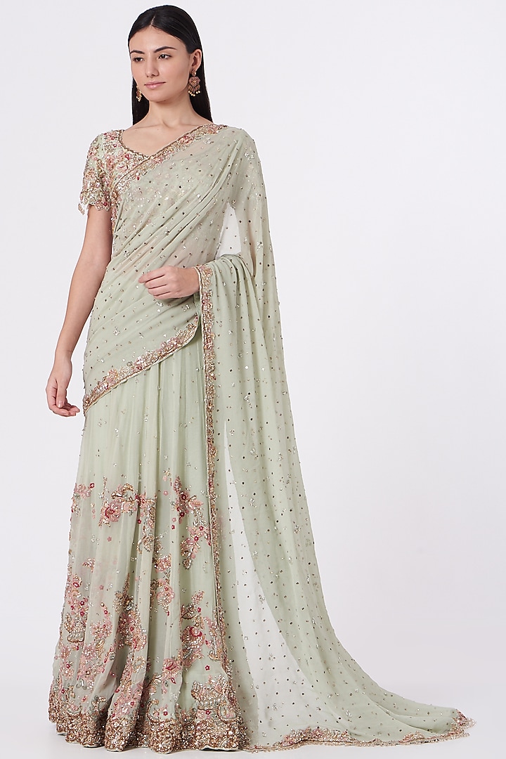 Pista Green Embroidered Kalidar Saree Set by Dolly J