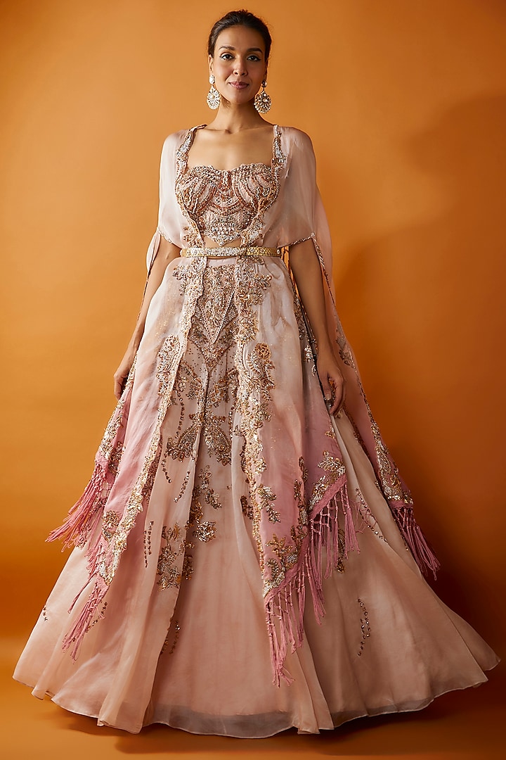 Blush Pink Silk Organza Kamdani Embroidered Jacket Bridal Lehenga Set by Dolly J at Pernia's Pop Up Shop