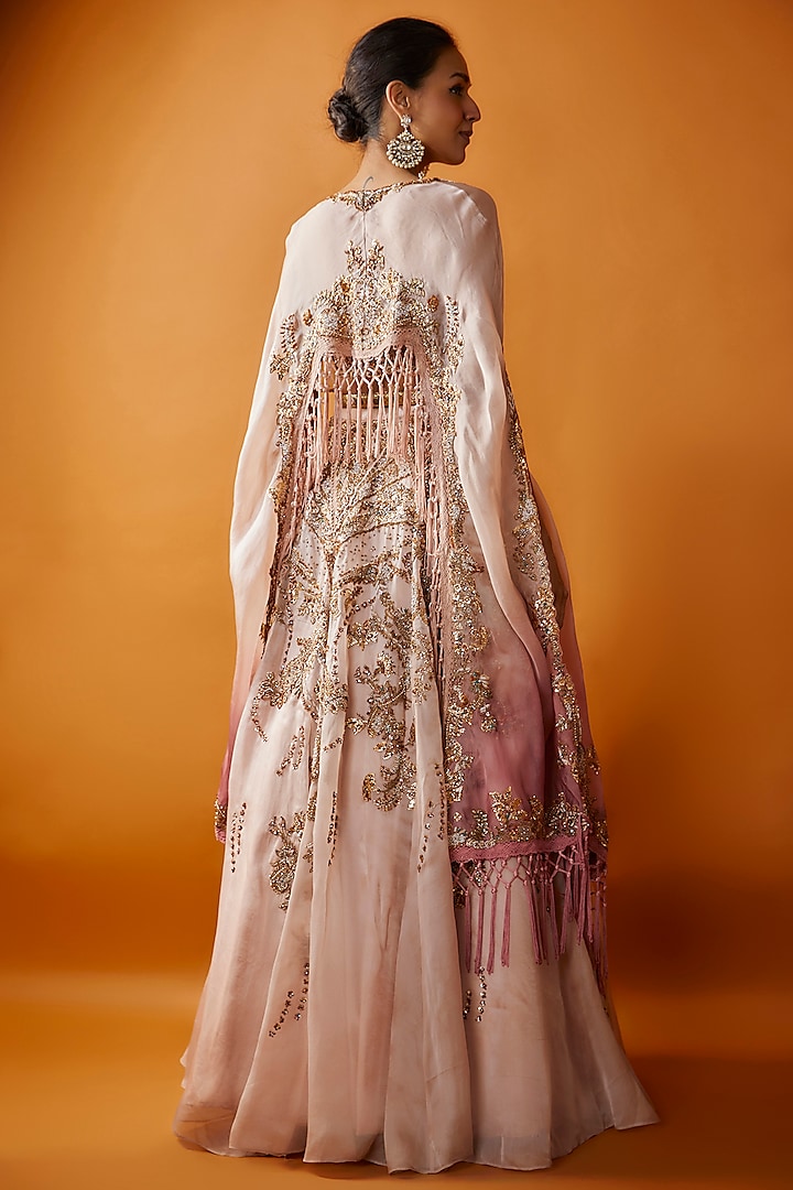 Blush Pink Silk Organza Kamdani Embroidered Jacket Bridal Lehenga Set by Dolly J at Pernia's Pop Up Shop