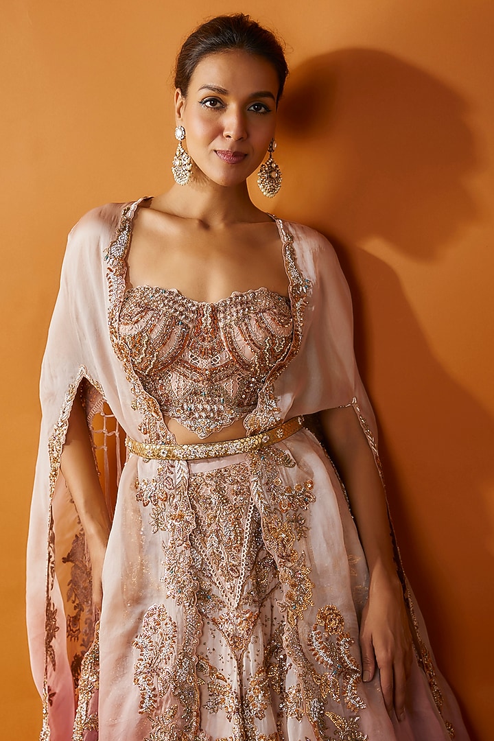 Blush Pink Silk Organza Kamdani Embroidered Jacket Bridal Lehenga Set by Dolly J at Pernia's Pop Up Shop