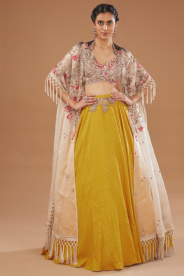 Mustard Yellow Woven Banarasi Silk Lehenga Set by Dolly J