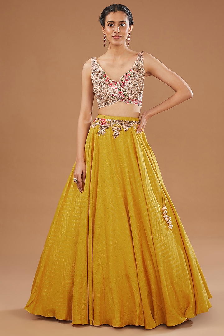 Mustard Yellow Woven Banarasi Silk Wedding Lehenga Set by Dolly J at Pernia's Pop Up Shop