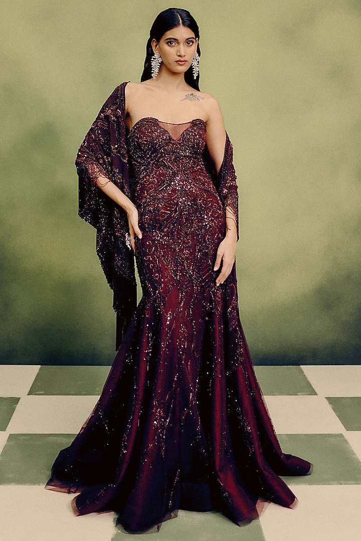 Cherry Red Georgette Crystal Embroidered Sculpted Bridal Gown With Cape by Dolly J at Pernia's Pop Up Shop