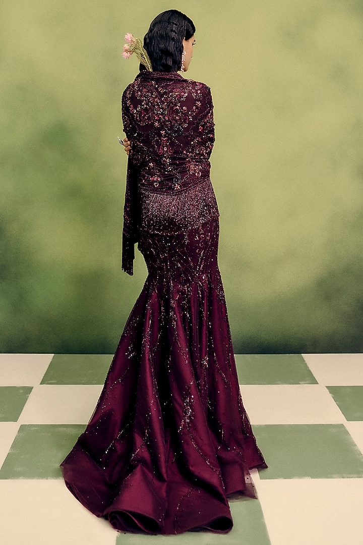 Cherry Red Georgette Crystal Embroidered Sculpted Wedding Gown With Cape by Dolly J at Pernia's Pop Up Shop