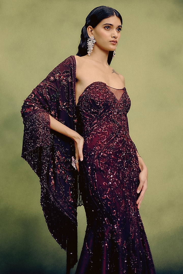 Cherry Red Georgette Crystal Embroidered Sculpted Wedding Gown With Cape by Dolly J at Pernia's Pop Up Shop