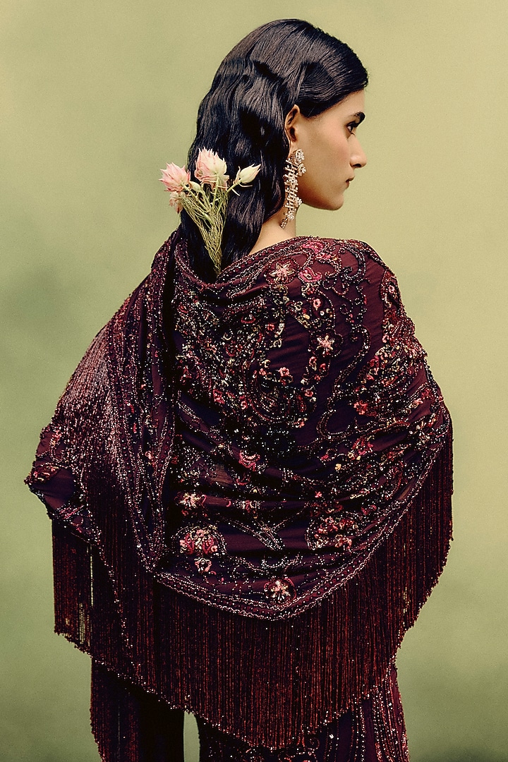 Cherry Red Georgette Crystal Embroidered Sculpted Wedding Gown With Cape by Dolly J at Pernia's Pop Up Shop