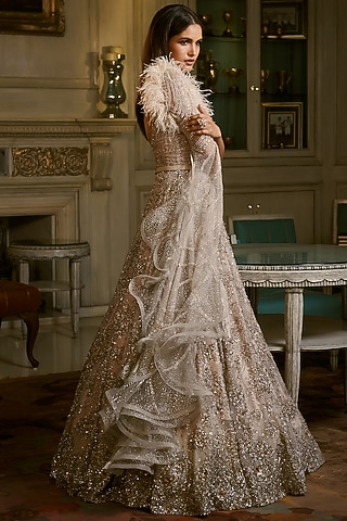 Silver Emrboidered Gown With Belt by Dolly J