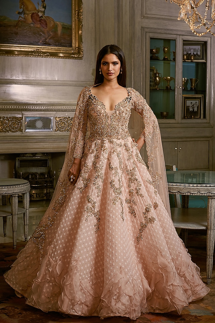 Peach Embroidered Gown With Dupatta by Dolly J