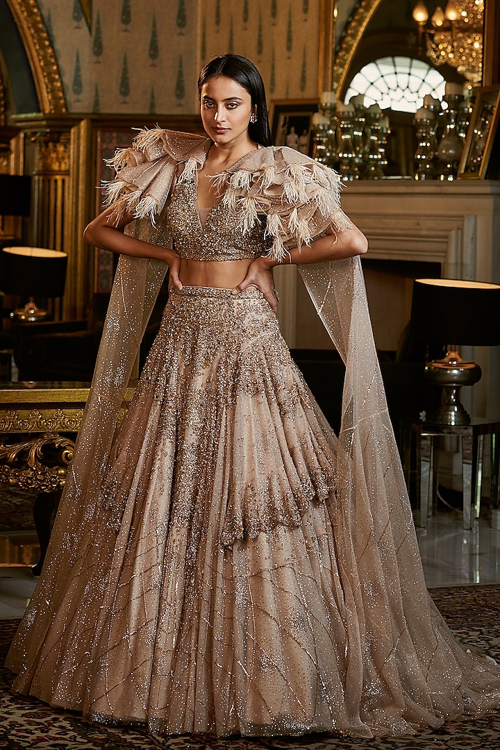Gold Embroidered Lehenga Set With Cape by Dolly J