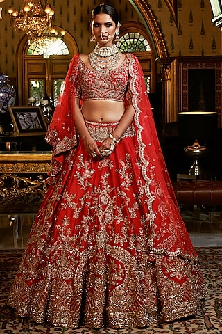 Red Raw Silk Zardosi Embroidered Bridal Lehenga Set by Dolly J