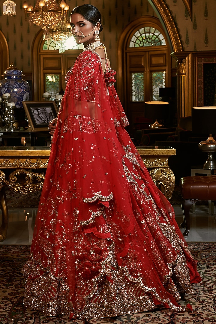 Red Raw Silk Zardosi Embroidered Bridal Bridal Lehenga Set by Dolly J at Pernia's Pop Up Shop