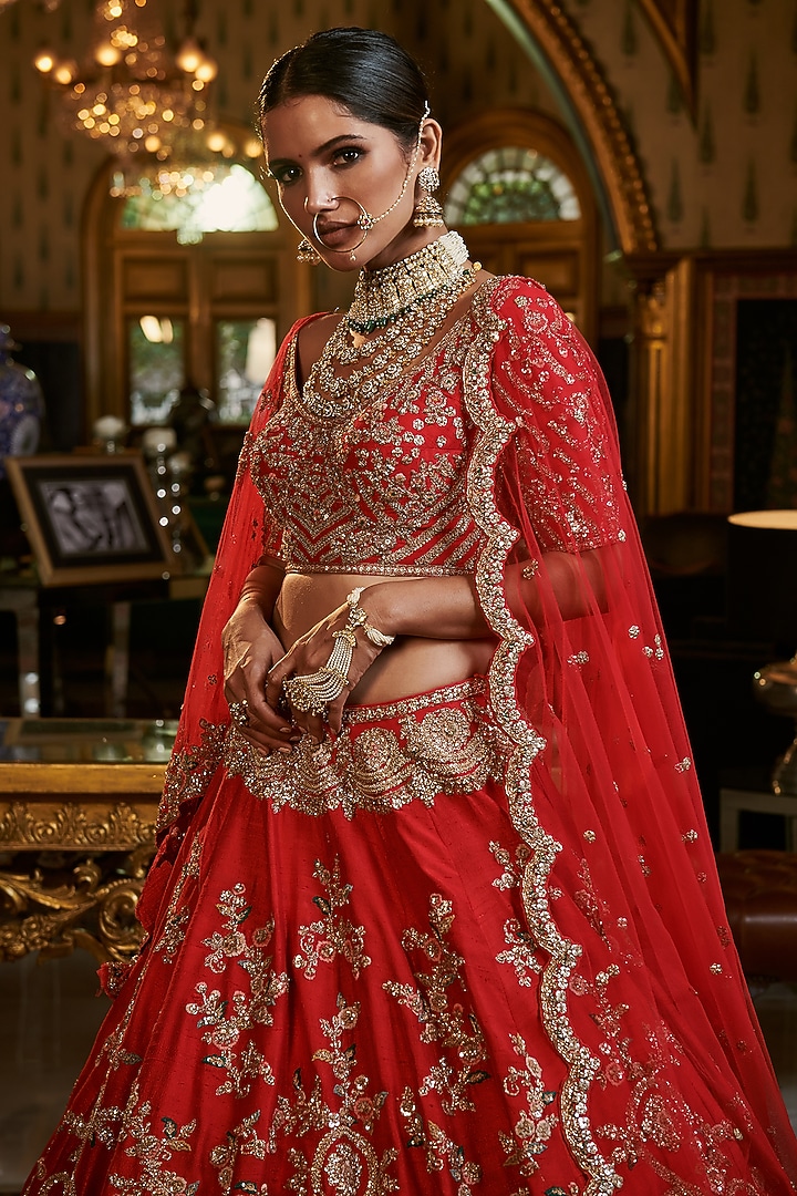 Red Raw Silk Zardosi Embroidered Bridal Bridal Lehenga Set by Dolly J at Pernia's Pop Up Shop