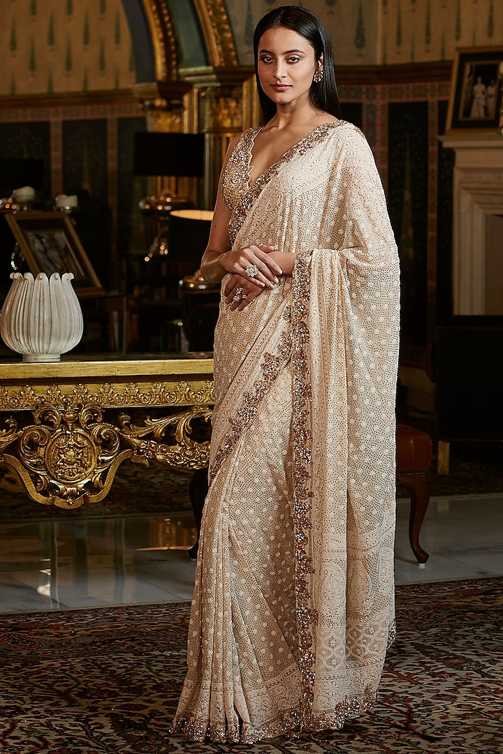 Ivory Embroidered Saree Set by Dolly J