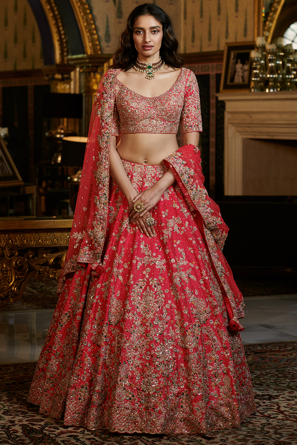 Buy Online Online Designer Sanya Gulati Fuchsia Three Tiered Lehenga with  Blouse and Dupatta