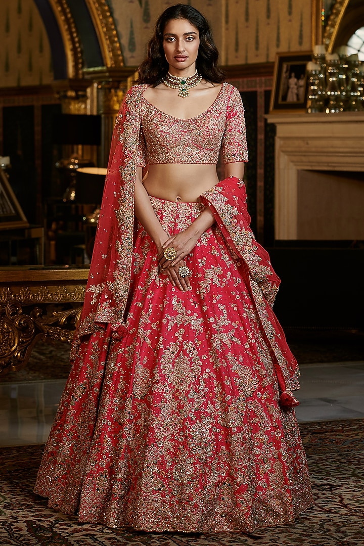 Fuchsia Pink Embroidered Bridal Lehenga Set Design by Dolly J at Pernia