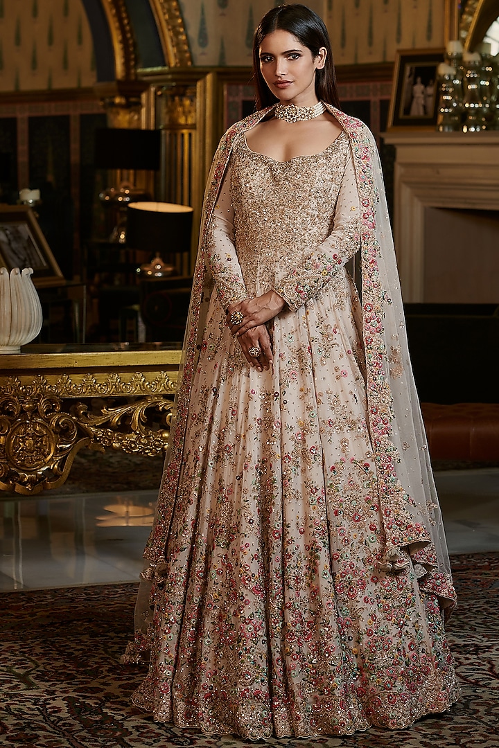 Ivory Embroidered Gown With Dupatta by Dolly J