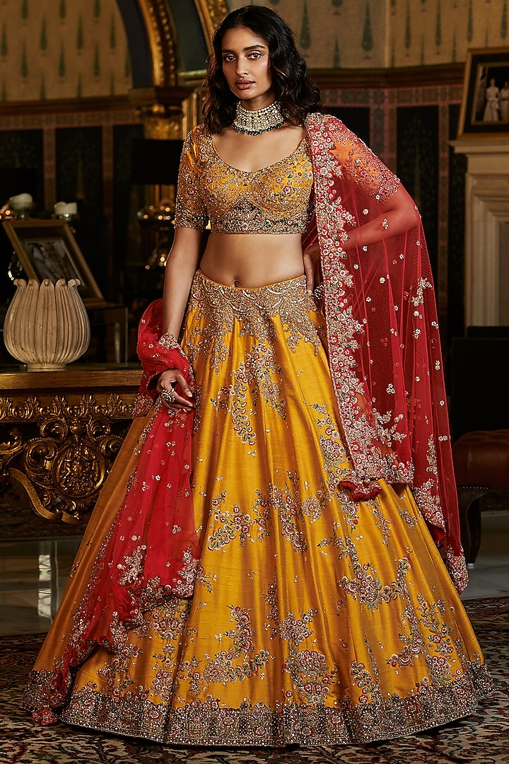 Yellow Embroidered Lehenga Set by Dolly J