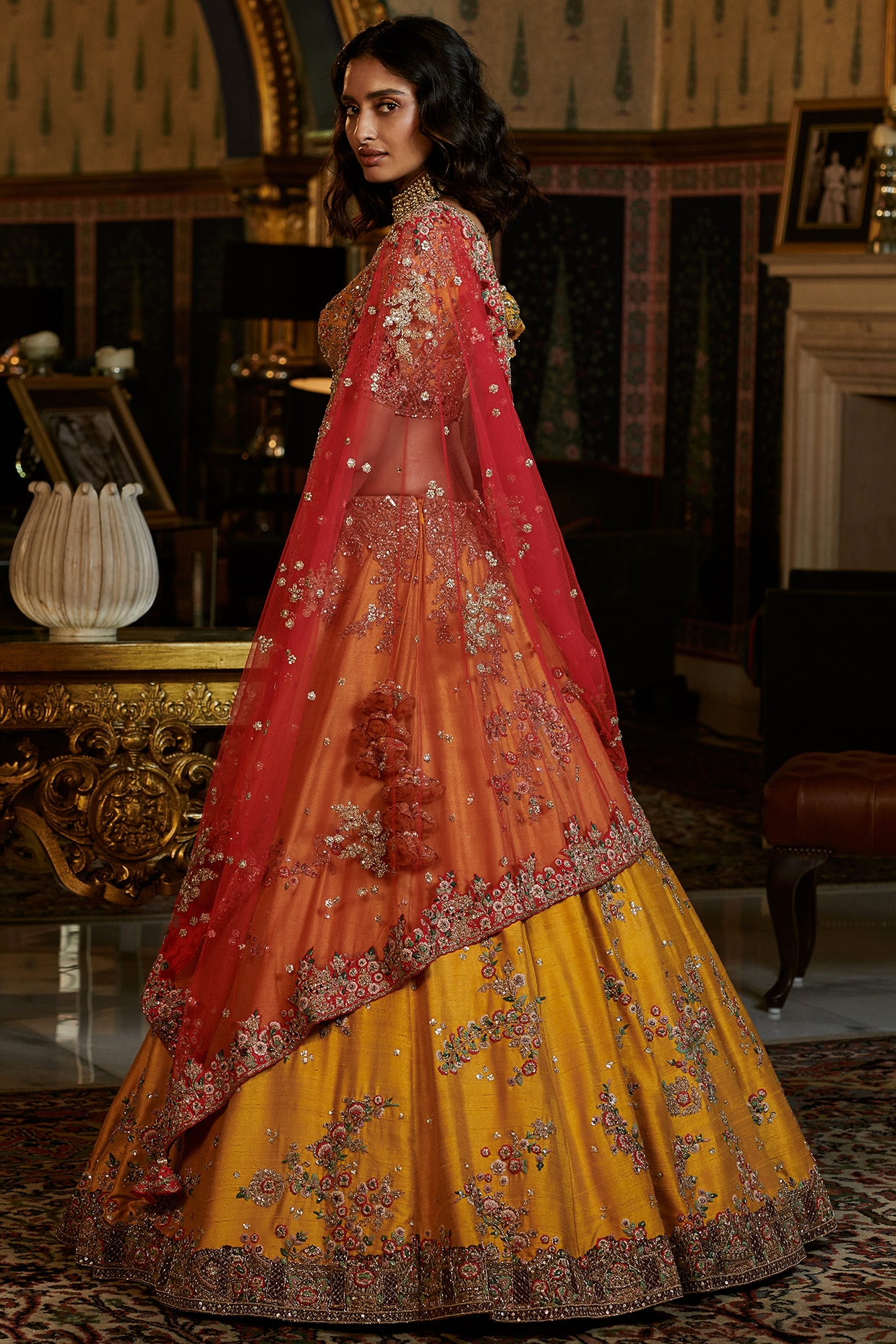 Peacock Design Lehenga in Yellow Red Shade - Rana's by Kshitija