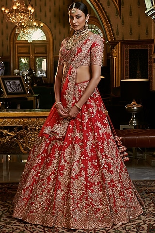 Red Embroidered Lehenga Set by Dolly J