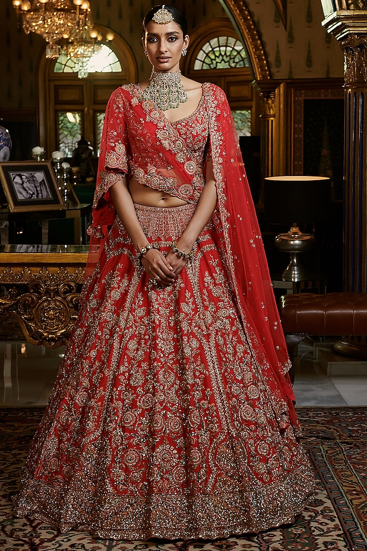 Red Embroidered Lehenga Set With Two Dupattas by Dolly J