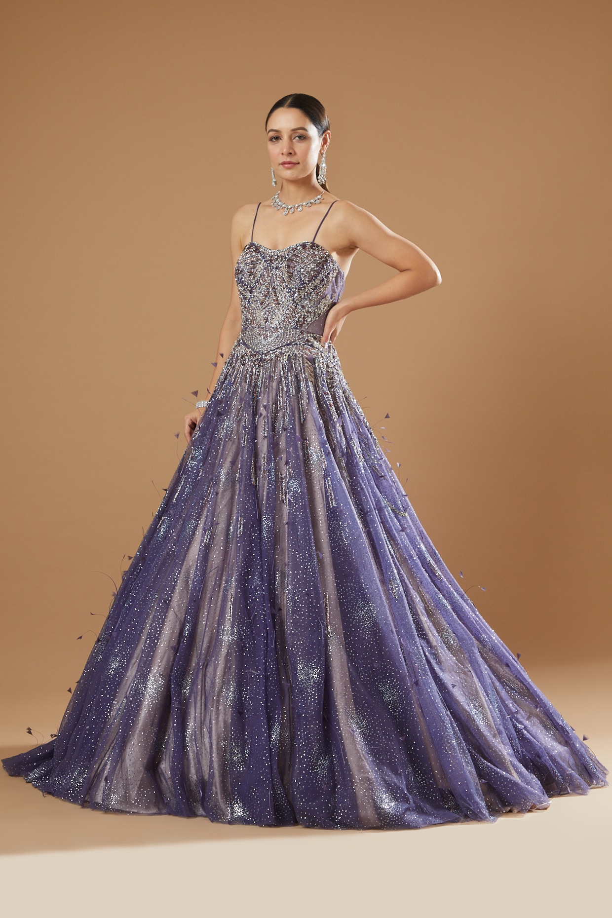 Buy Purple Tulle Embroidered Sequins Plunge V Neck Pixie Shimmer Gown For  Women by Dolly J Online at Aza Fashions.