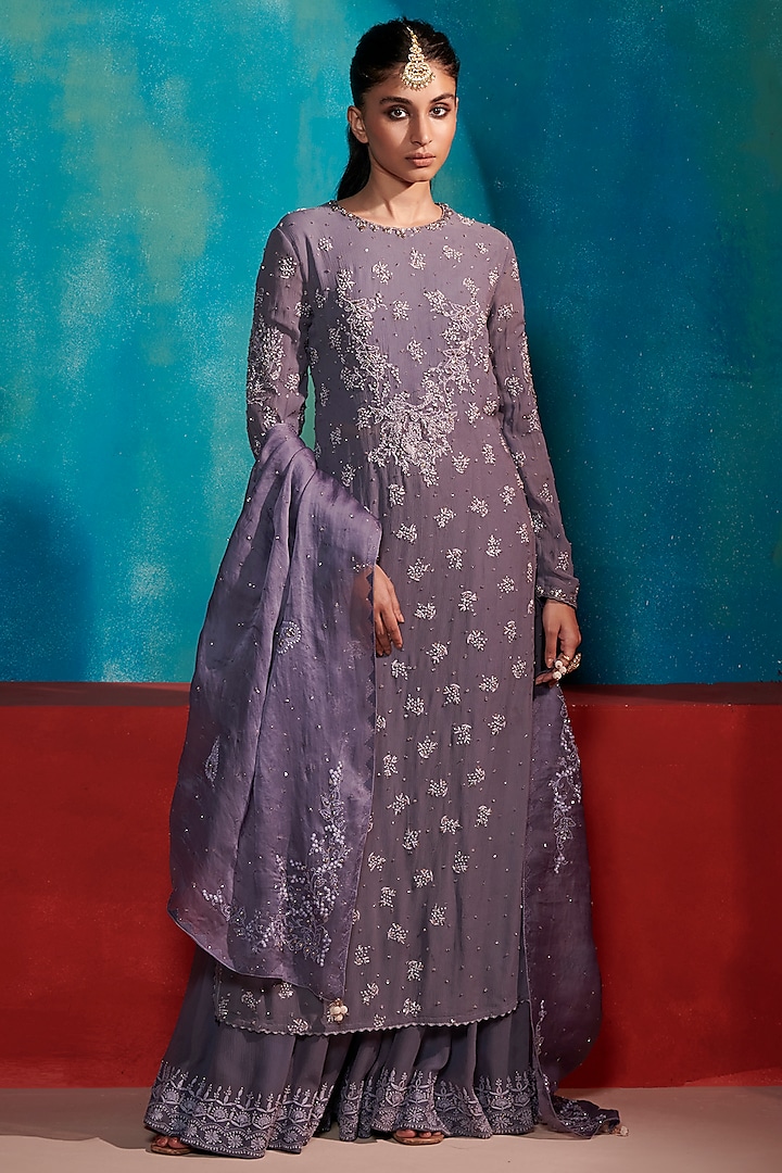 Greyish Blue Chiffon Sharara Set by Dolly J