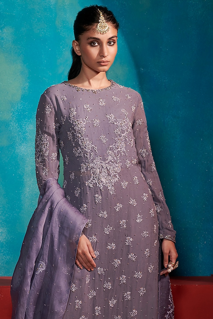 Greyish Blue Chiffon Wedding Sharara Set by Dolly J at Pernia's Pop Up Shop