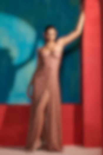 Beige Printed & Embellished Cocktail Dress by Dolly J at Pernia's Pop Up Shop