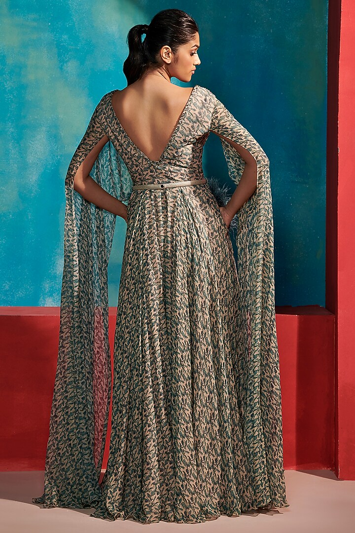 Beige Printed & Embellished Jumpsuit by Dolly J at Pernia's Pop Up Shop