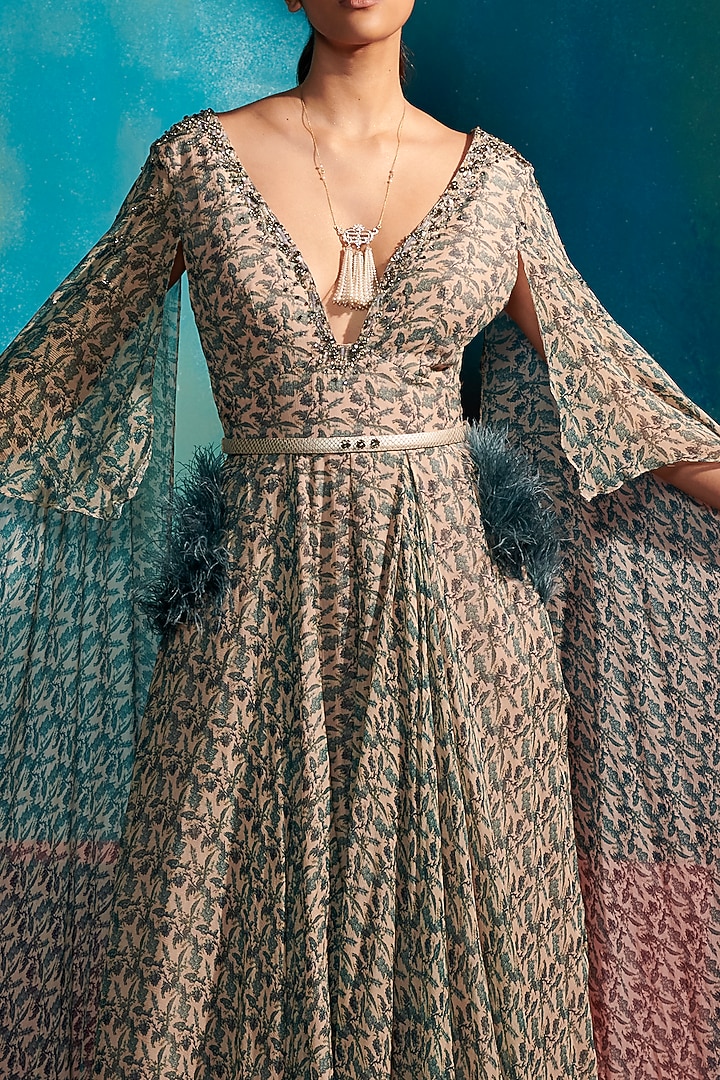 Beige Printed & Embellished Jumpsuit by Dolly J at Pernia's Pop Up Shop