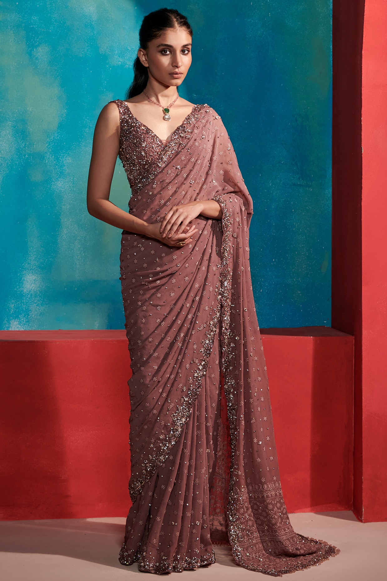 Buy Pink Hand Embroidered Lucknowi Chikankari Saree (Georgette-With Blouse)  14634 | www.maanacreation.com