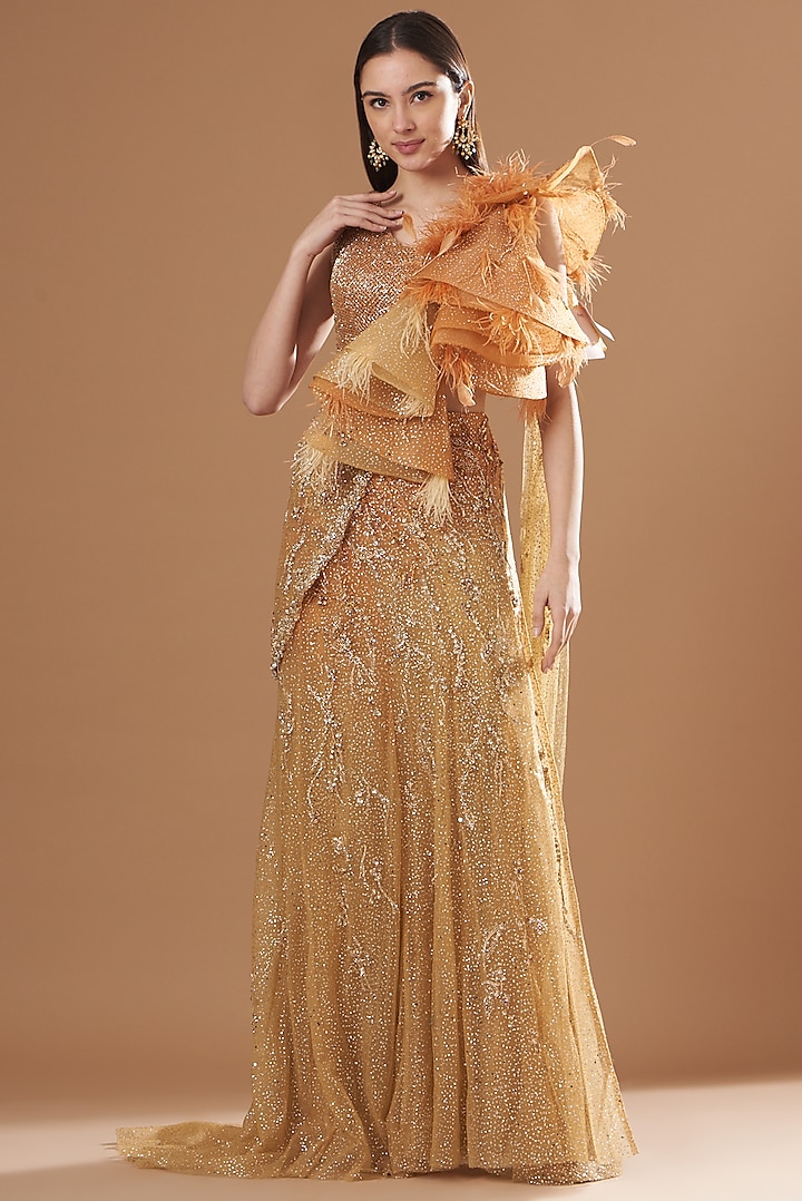 Molten Gold Shimmer Tulle Sequined Draped Saree Set by Dolly J