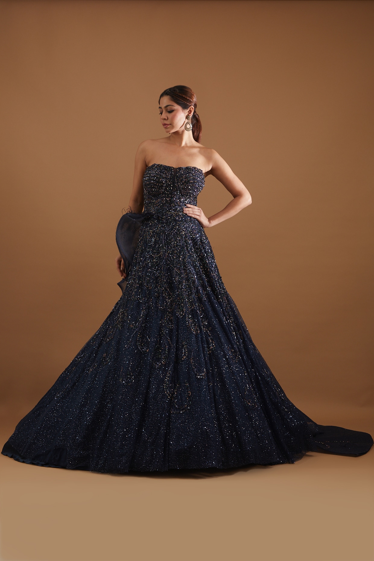 Navy Blue Satin Wedding Dresses Ball Gowns Lace Long Sleeves – alinanova