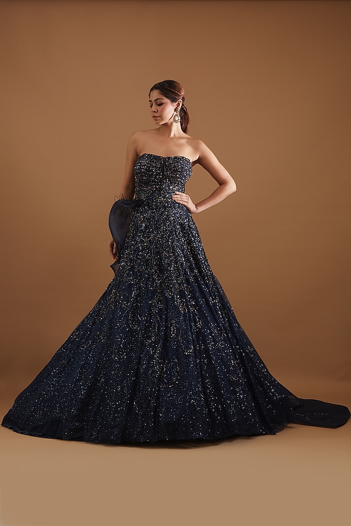 Navy Blue Embellished Gown by Dolly J